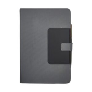 Premium A5 Notebook with Foldable-Phone-&-Pen-Stand-Card-Holder-Metal-&-Wooden-Pen