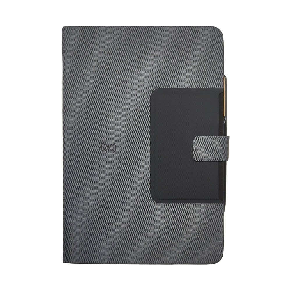 15W Wireless Charging Premium A5 Notebook with Foldable-Phone-&-Pen- Stand-Card-Holder-Metal-&-Wooden-Pen